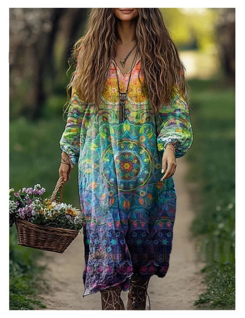 Kvaliteetne V-kaelusega mustriline kleit 