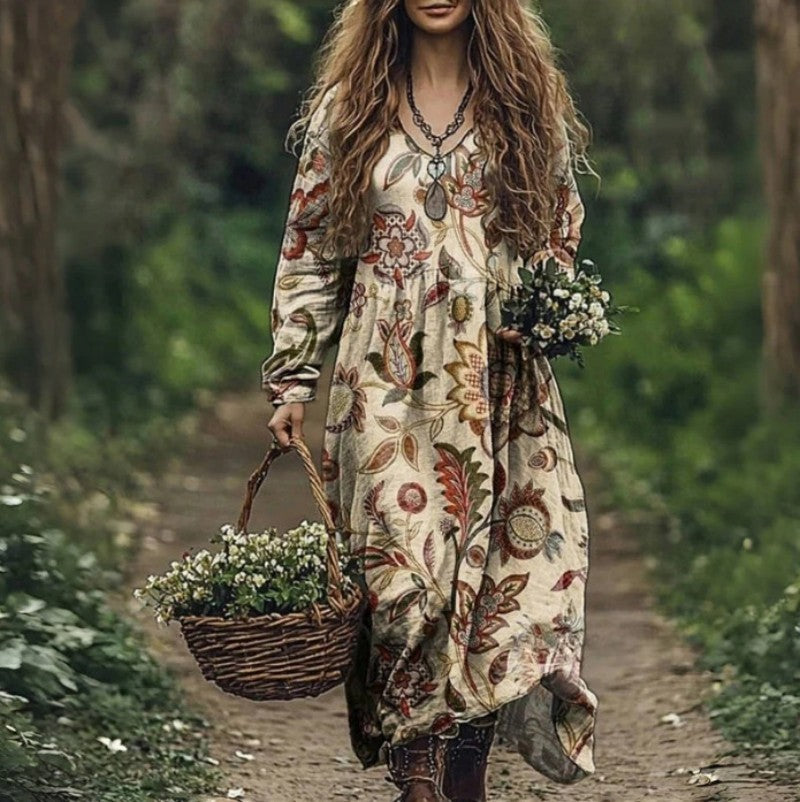 Kvaliteetne V-kaelusega mustriline kleit 