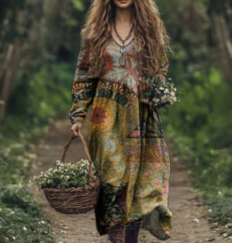 Kvaliteetne V-kaelusega mustriline kleit 